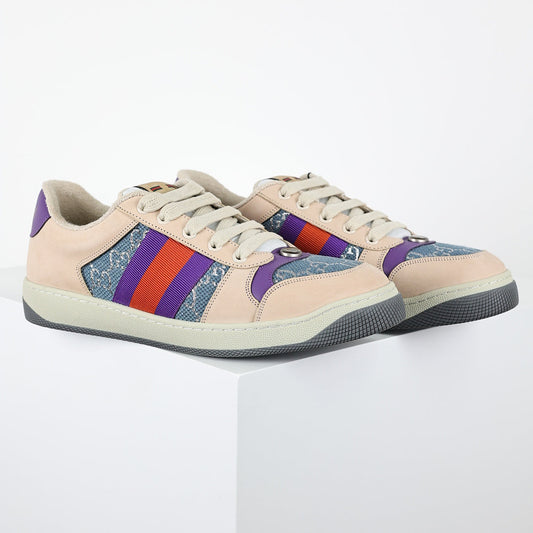 Gucci Screener Low-Top Sneakers – GG Denim Canvas with Purple Leather Trim & Web Stripe