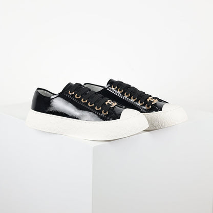 Chanel Low-Top Platform Sneakers – Black Patent Leather with Gold CC Lace Charm