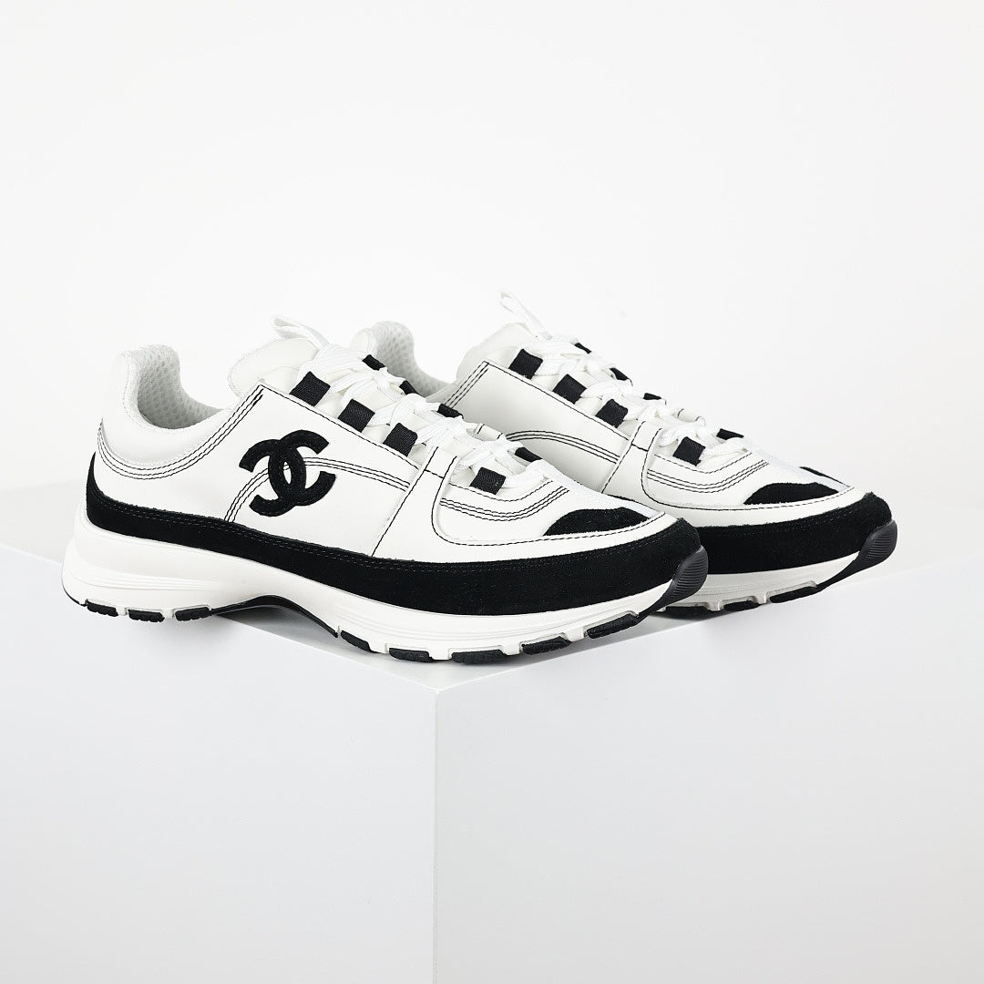 Chanel CC Logo Runner Sneakers – White Leather & Black Suede