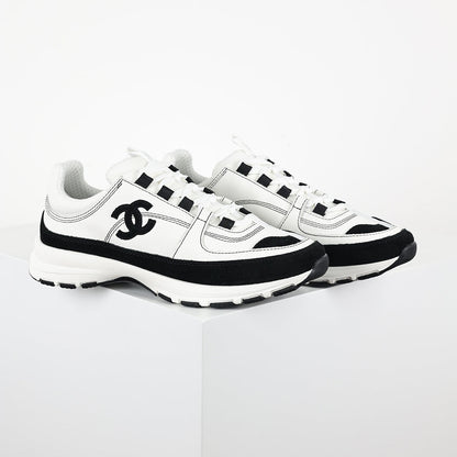 Chanel CC Logo Runner Sneakers – White Leather & Black Suede