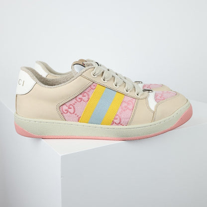 Gucci Screener Low-Top Sneakers – Pink GG Canvas with Pastel Rainbow Web Stripe