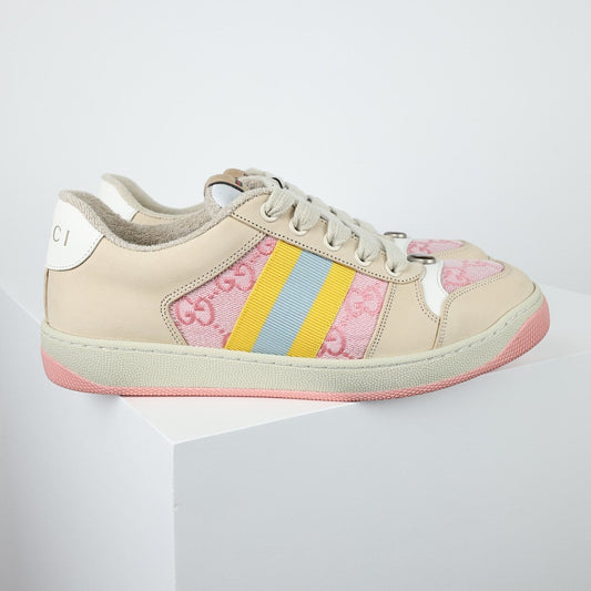 Gucci Screener Low-Top Sneakers – Pink GG Canvas with Pastel Rainbow Web Stripe