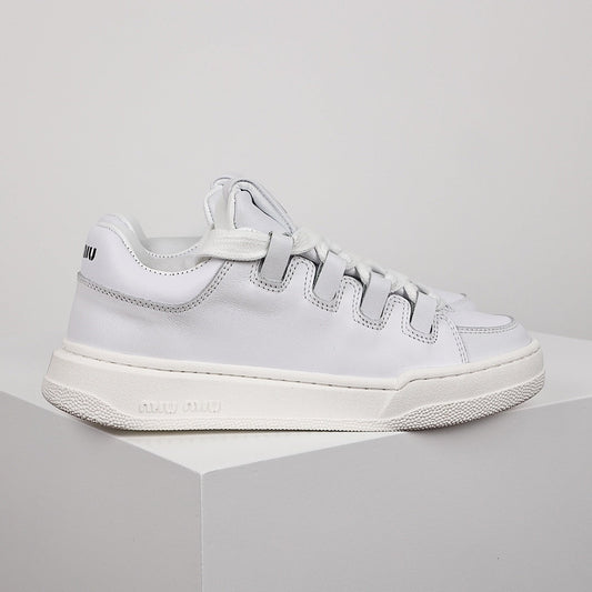 Miu Miu Oversized Lace Leather Low-Top Sneakers in White