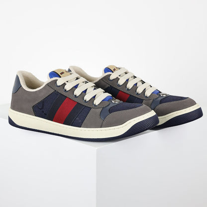 Gucci Screener Low-Top Sneakers – Grey Suede & Navy GG Canvas with Web Stripe