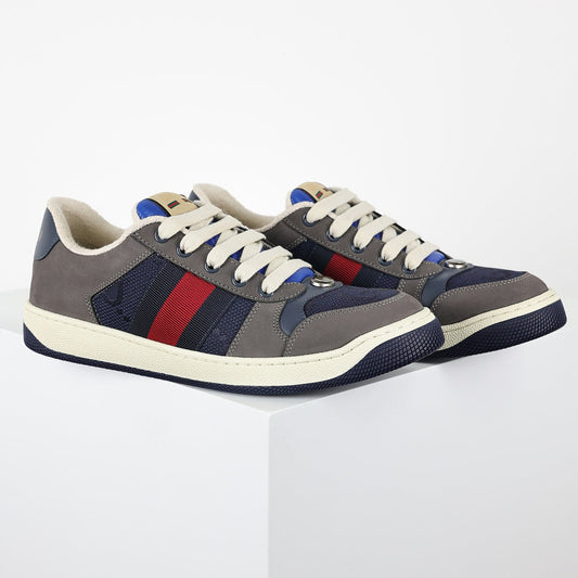 Gucci Screener Low-Top Sneakers – Grey Suede & Navy GG Canvas with Web Stripe