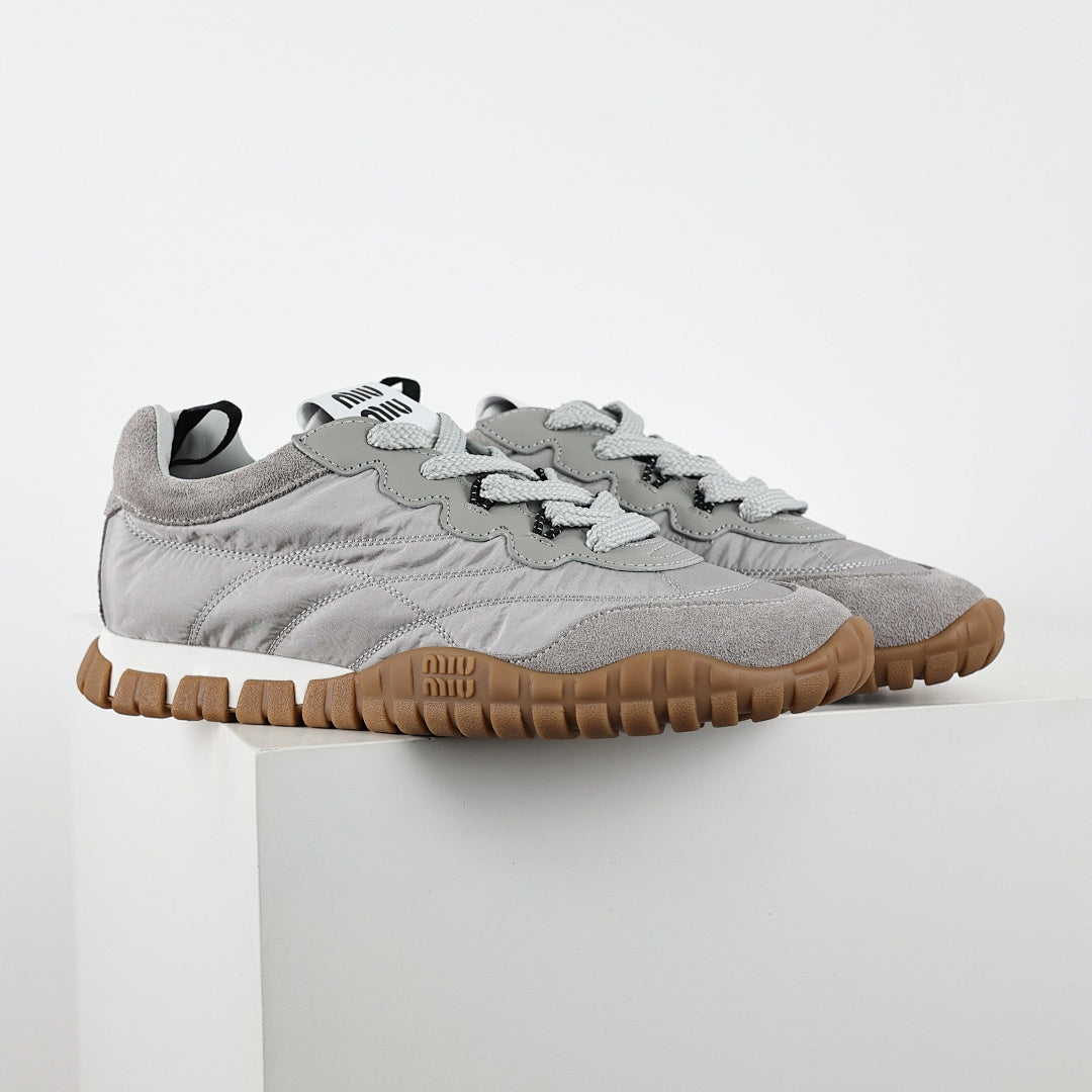 Miu Miu SS25 Quilted Nylon & Suede Sneakers in Grey