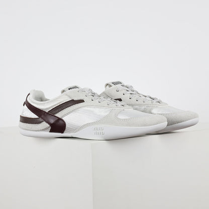 Miu Miu Suede & Satin Trainer Sneakers in White & Brown