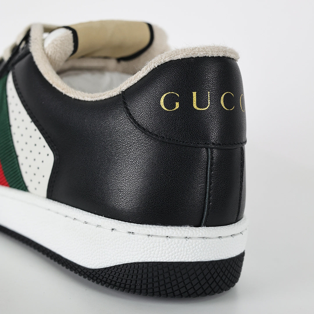 Gucci Screener Low-Top Sneakers – Black & White Leather with Web Stripe