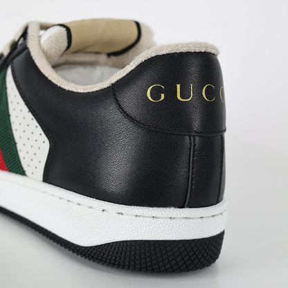 Gucci Screener Low-Top Sneakers – Black & White Leather with Web Stripe