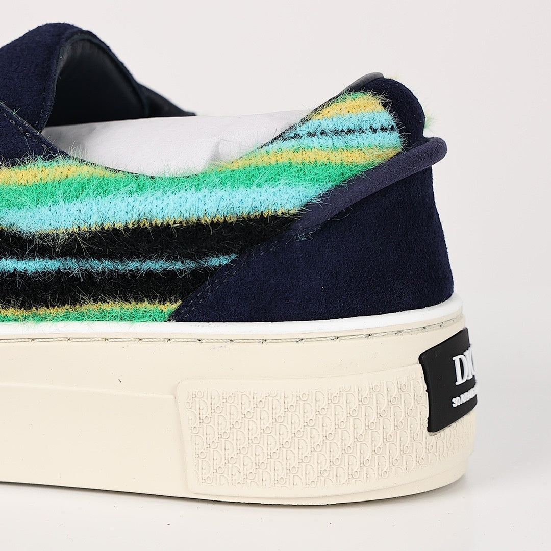 Dior B33 Low-Top Sneakers – Navy Suede & Multicolor Stripe Knit with Turquoise Laces