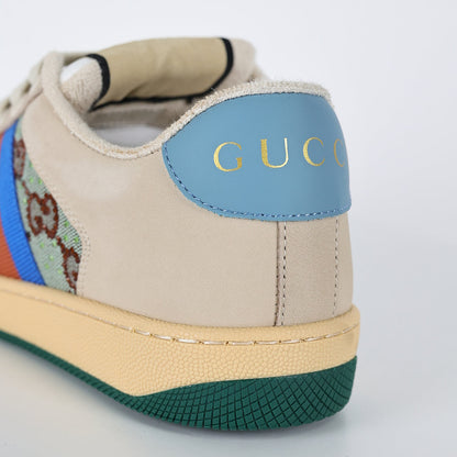 Gucci Screener Low-Top Sneakers – GG Supreme Canvas with Sky Blue Leather Trim & Green Sole