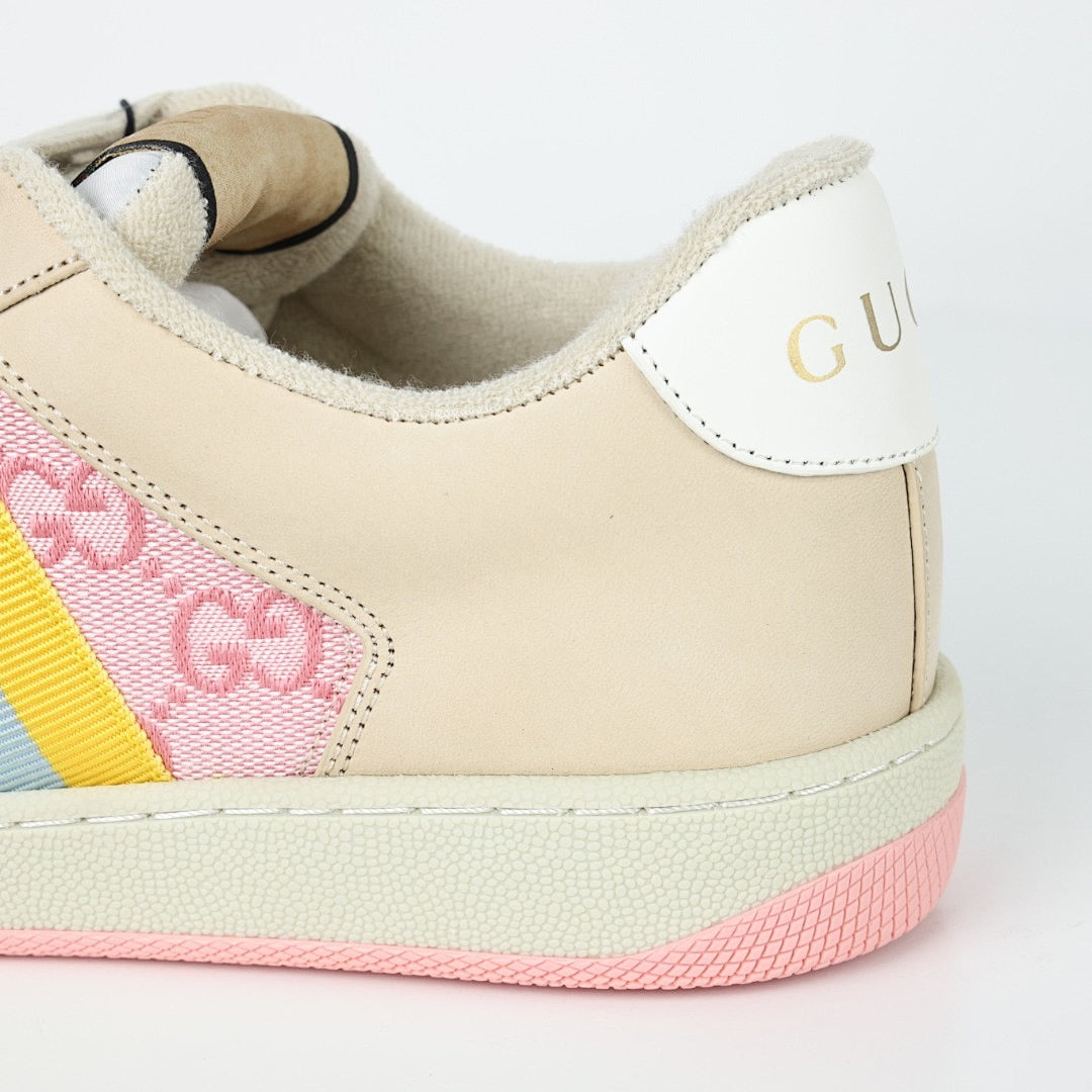 Gucci Screener Low-Top Sneakers – Pink GG Canvas with Pastel Rainbow Web Stripe
