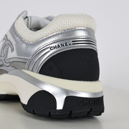 Chanel CC Logo Chunky Dad Sneakers – Silver Metallic Leather & White Mesh