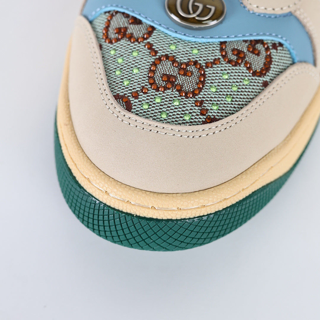 Gucci Screener Low-Top Sneakers – GG Supreme Canvas with Sky Blue Leather Trim & Green Sole
