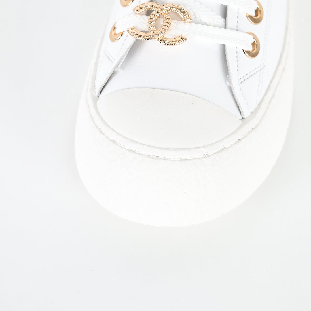 Chanel Low-Top Platform Sneakers – White Leather with Gold CC Lace Charm