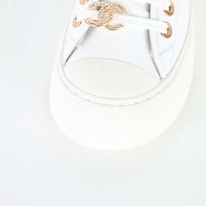 Chanel Low-Top Platform Sneakers – White Leather with Gold CC Lace Charm