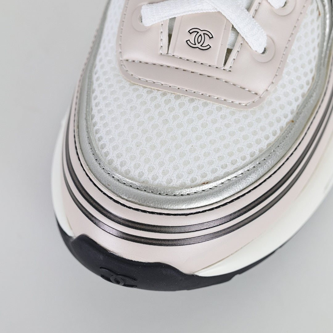Chanel CC Logo Chunky Dad Sneakers – Cream Mesh & Soft Silver Metallic Leather