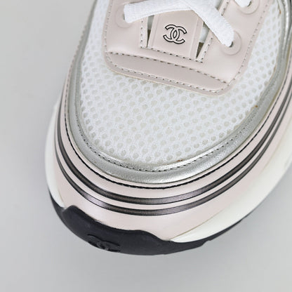 Chanel CC Logo Chunky Dad Sneakers – Cream Mesh & Soft Silver Metallic Leather