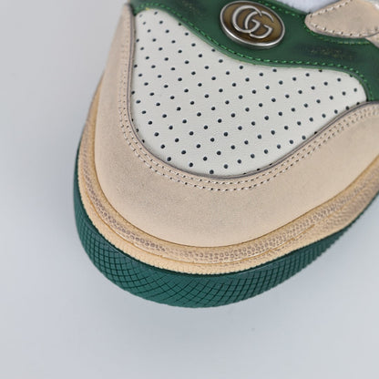 Gucci Screener Low-Top Sneakers – Distressed Leather with Green Trim & Web Stripe