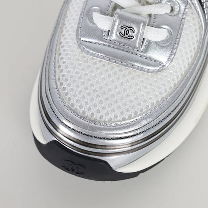 Chanel CC Logo Chunky Dad Sneakers – Silver Metallic Leather & White Mesh