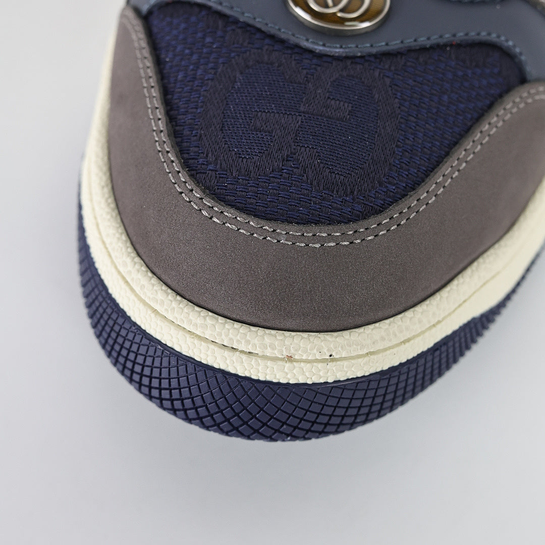 Gucci Screener Low-Top Sneakers – Grey Suede & Navy GG Canvas with Web Stripe