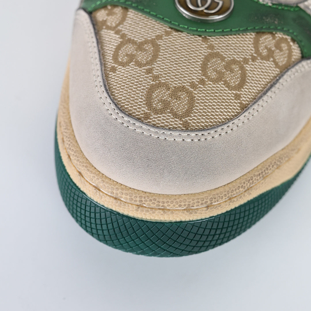 Gucci Screener Low-Top Sneakers – Distressed GG Supreme Canvas with Green Leather Trim