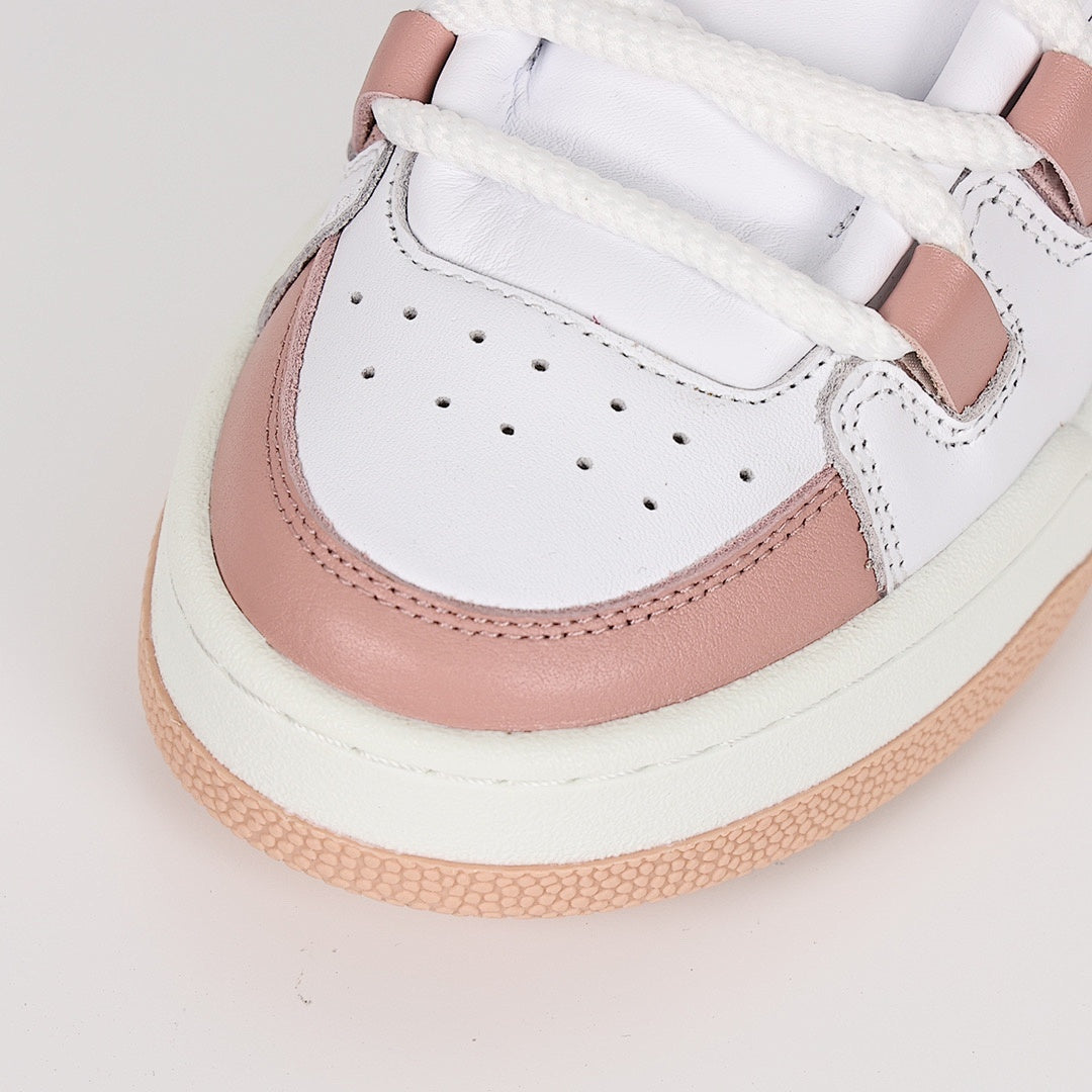 Miu Miu Oversized Lace Leather Low-Top Sneakers in White & Pink