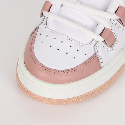 Miu Miu Oversized Lace Leather Low-Top Sneakers in White & Pink
