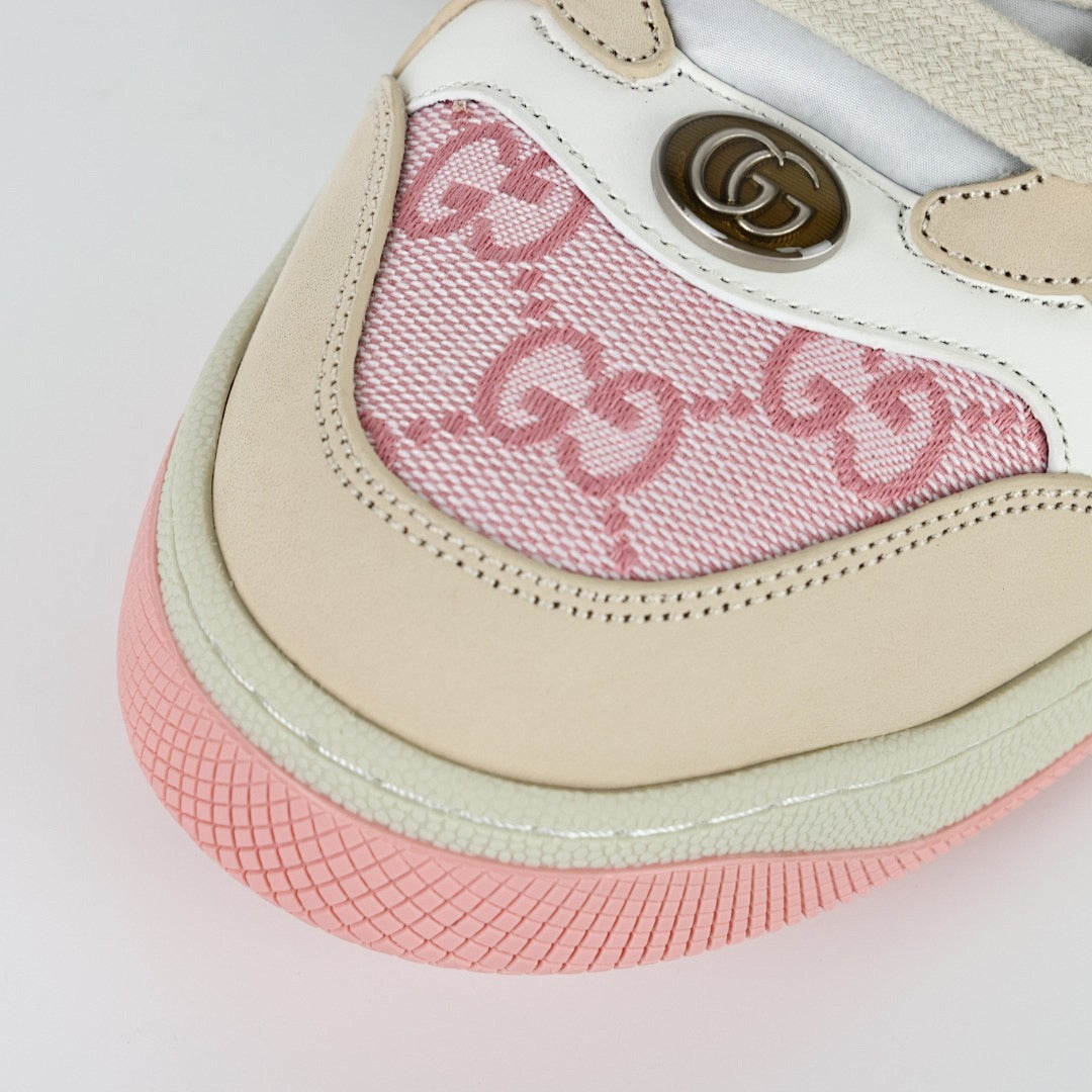 Gucci Screener Low-Top Sneakers – Pink GG Canvas with Pastel Rainbow Web Stripe