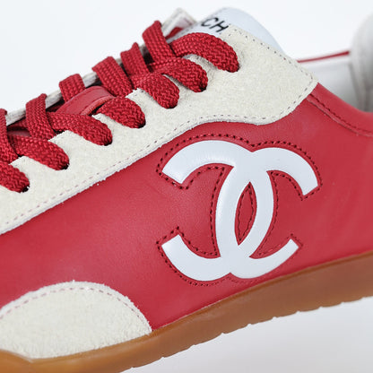 Chanel CC Logo Retro Sport Sneakers – Red Leather & Cream Suede with Gum Sole