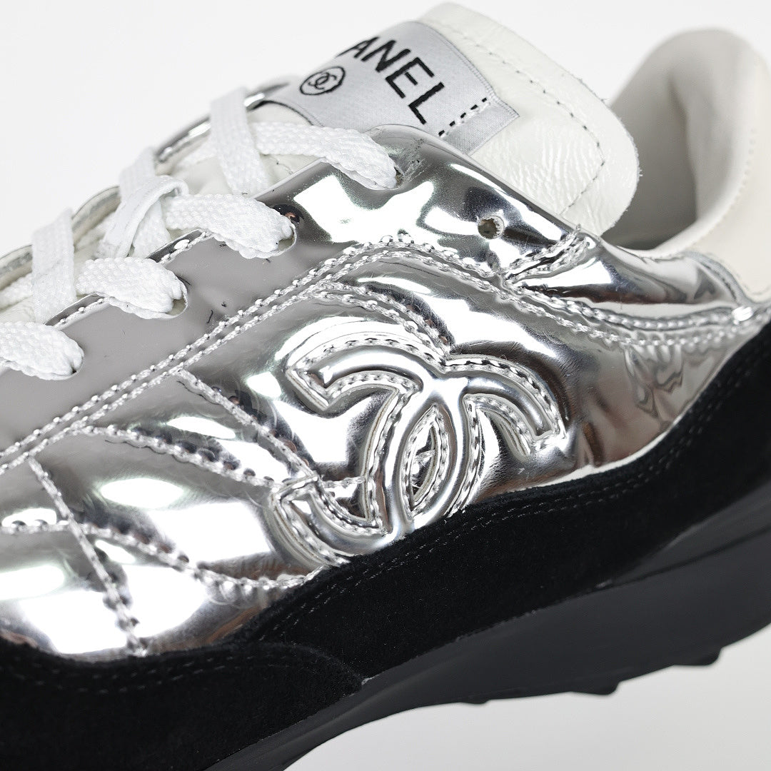 Chanel CC Logo Runner Sneakers – Silver Quilted Metallic Leather & Black Suede