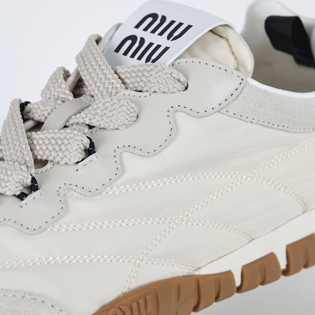 Miu Miu SS25 Quilted Nylon & Suede Sneakers in Cream