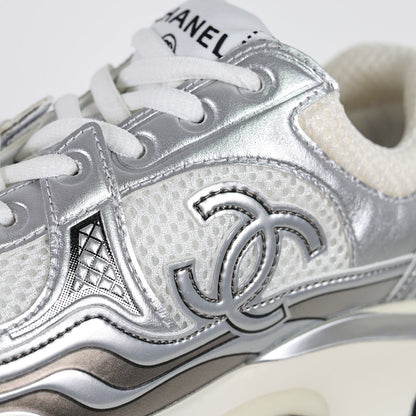 Chanel CC Logo Chunky Dad Sneakers – Silver Metallic Leather & White Mesh