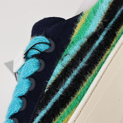 Dior B33 Low-Top Sneakers – Navy Suede & Multicolor Stripe Knit with Turquoise Laces