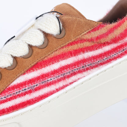 Dior B33 Low-Top Sneakers – Camel Suede & Red Stripe Knit