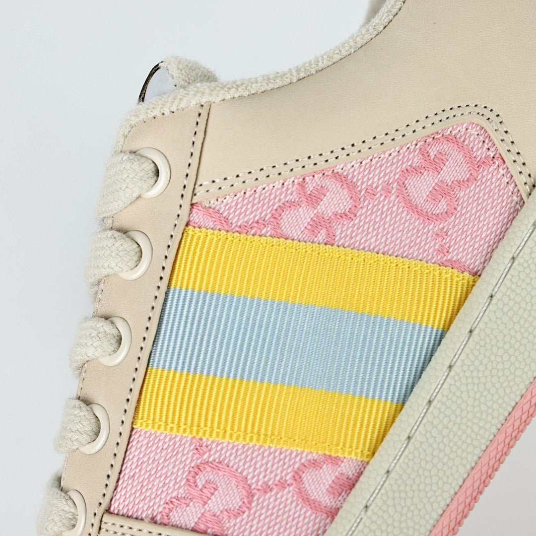 Gucci Screener Low-Top Sneakers – Pink GG Canvas with Pastel Rainbow Web Stripe