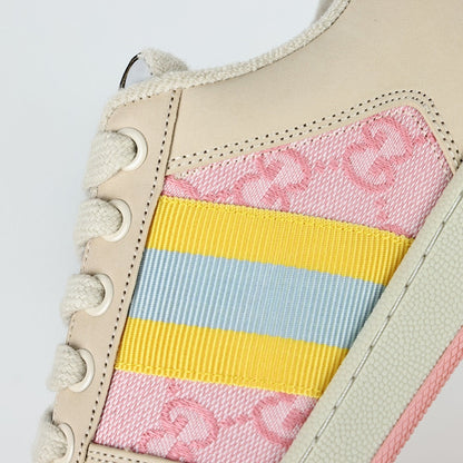 Gucci Screener Low-Top Sneakers – Pink GG Canvas with Pastel Rainbow Web Stripe