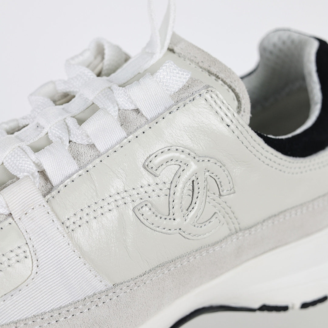 Chanel CC Logo Chunky Dad Sneakers – White Mesh & Suede with Black Rubber Accents