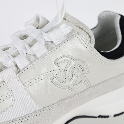 Chanel CC Logo Chunky Dad Sneakers – White Mesh & Suede with Black Rubber Accents