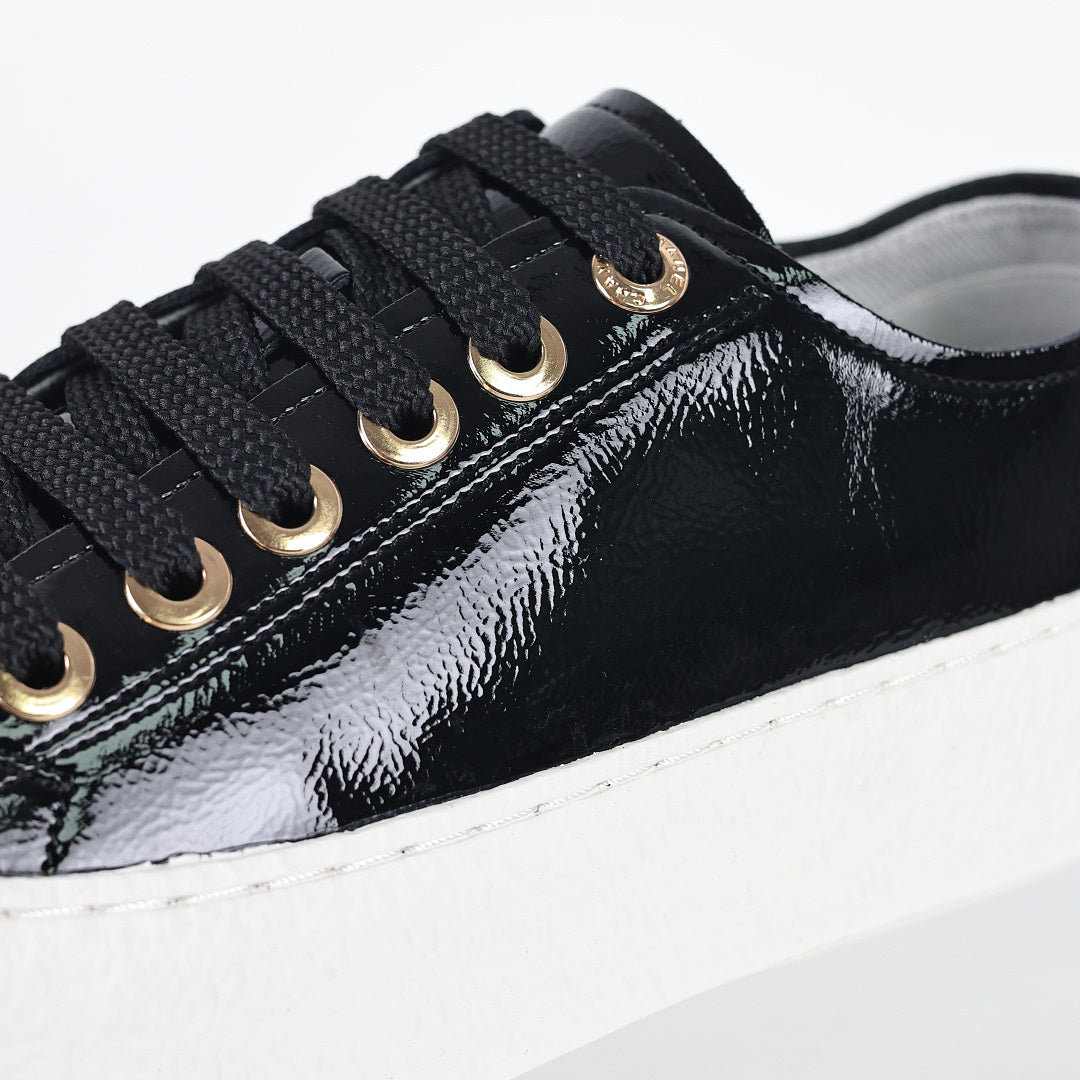 Chanel Low-Top Platform Sneakers – Black Patent Leather with Gold CC Lace Charm