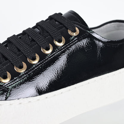 Chanel Low-Top Platform Sneakers – Black Patent Leather with Gold CC Lace Charm