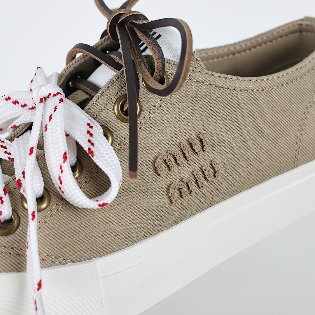 Miu Miu Canvas Low-Top Sneakers in Khaki