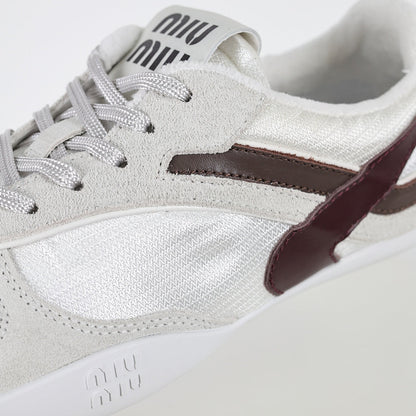 Miu Miu Suede & Satin Trainer Sneakers in White & Brown