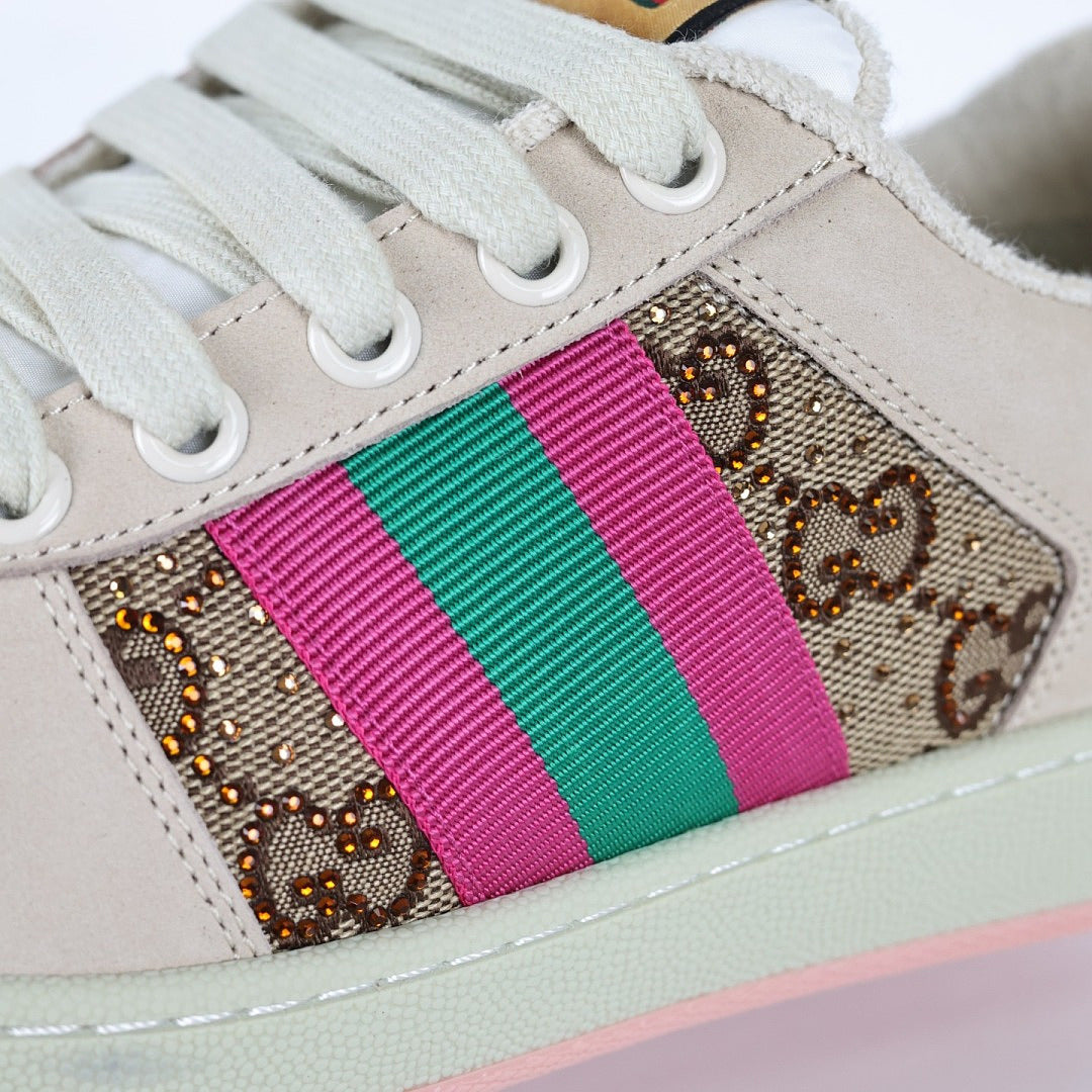 Gucci Screener Low-Top Sneakers – GG Supreme Canvas with Pink Leather Trim