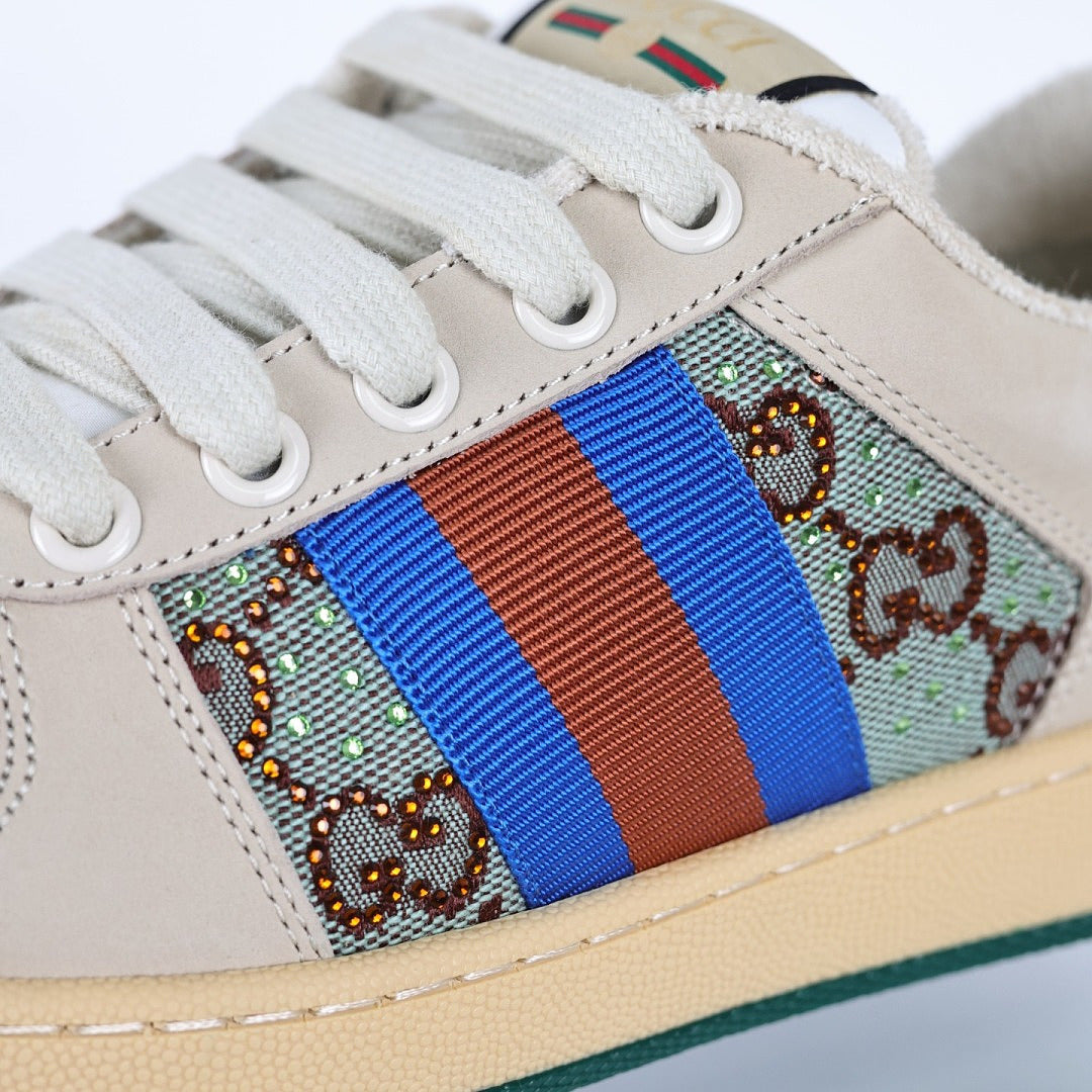 Gucci Screener Low-Top Sneakers – GG Supreme Canvas with Sky Blue Leather Trim & Green Sole