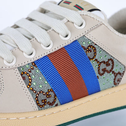 Gucci Screener Low-Top Sneakers – GG Supreme Canvas with Sky Blue Leather Trim & Green Sole