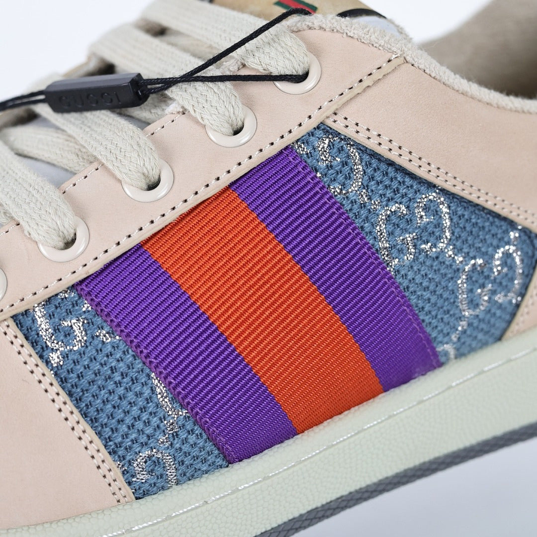 Gucci Screener Low-Top Sneakers – GG Denim Canvas with Purple Leather Trim & Web Stripe