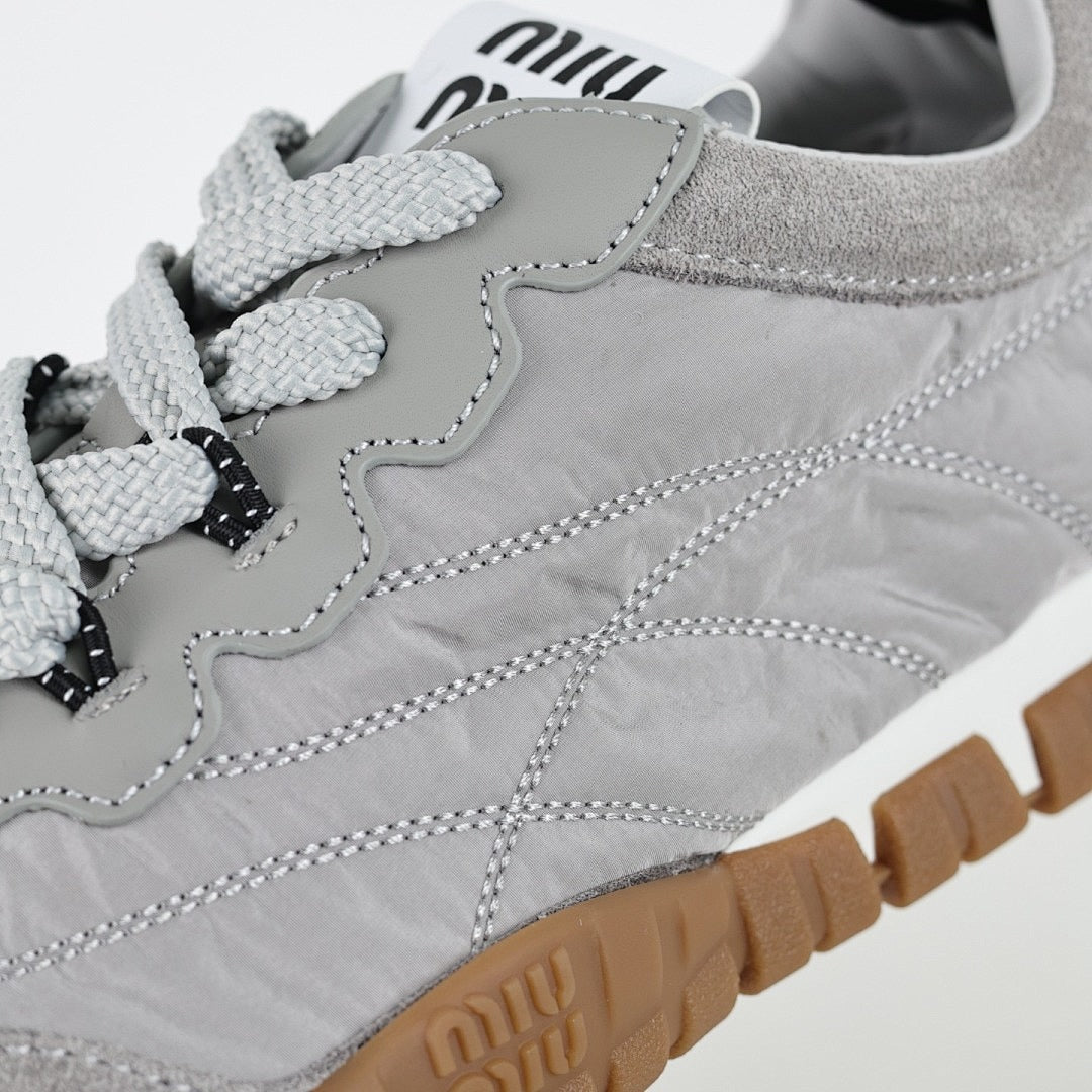 Miu Miu SS25 Quilted Nylon & Suede Sneakers in Grey