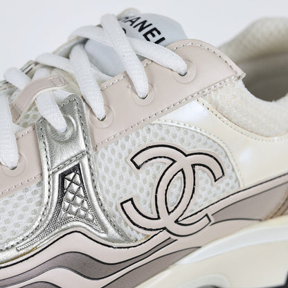 Chanel CC Logo Chunky Dad Sneakers – Cream Mesh & Soft Silver Metallic Leather