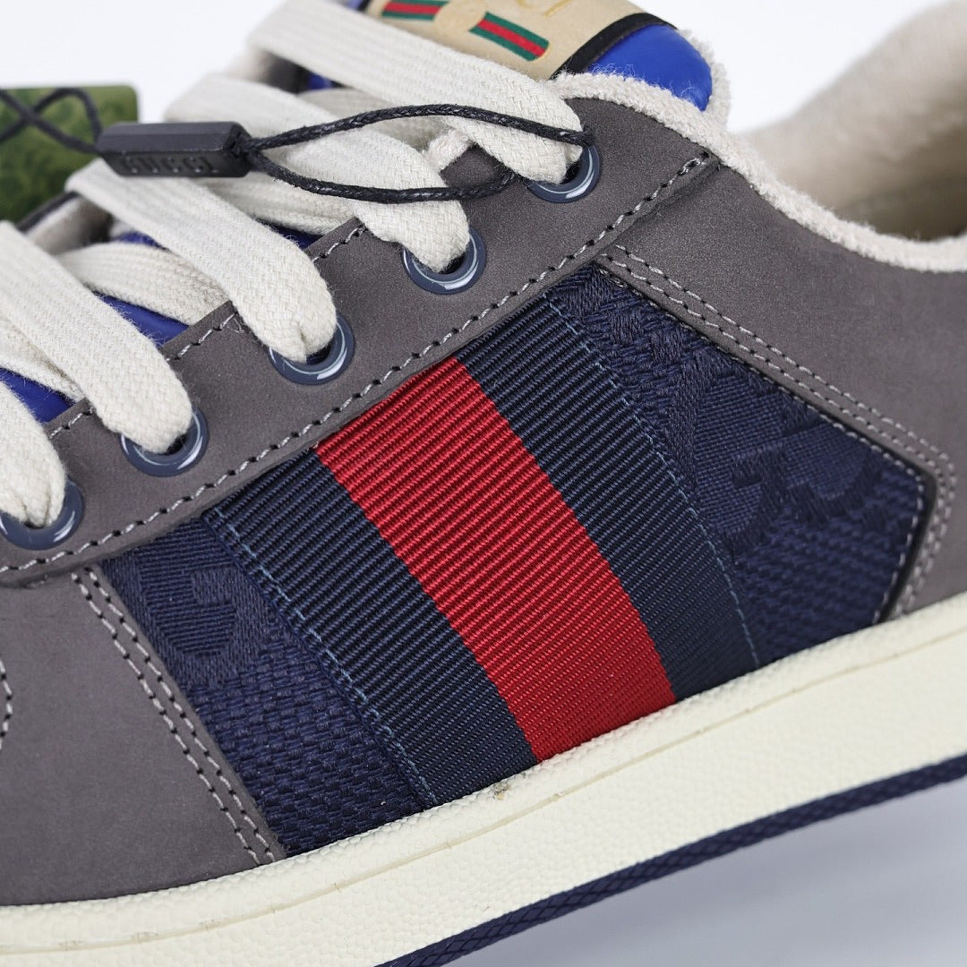 Gucci Screener Low-Top Sneakers – Grey Suede & Navy GG Canvas with Web Stripe